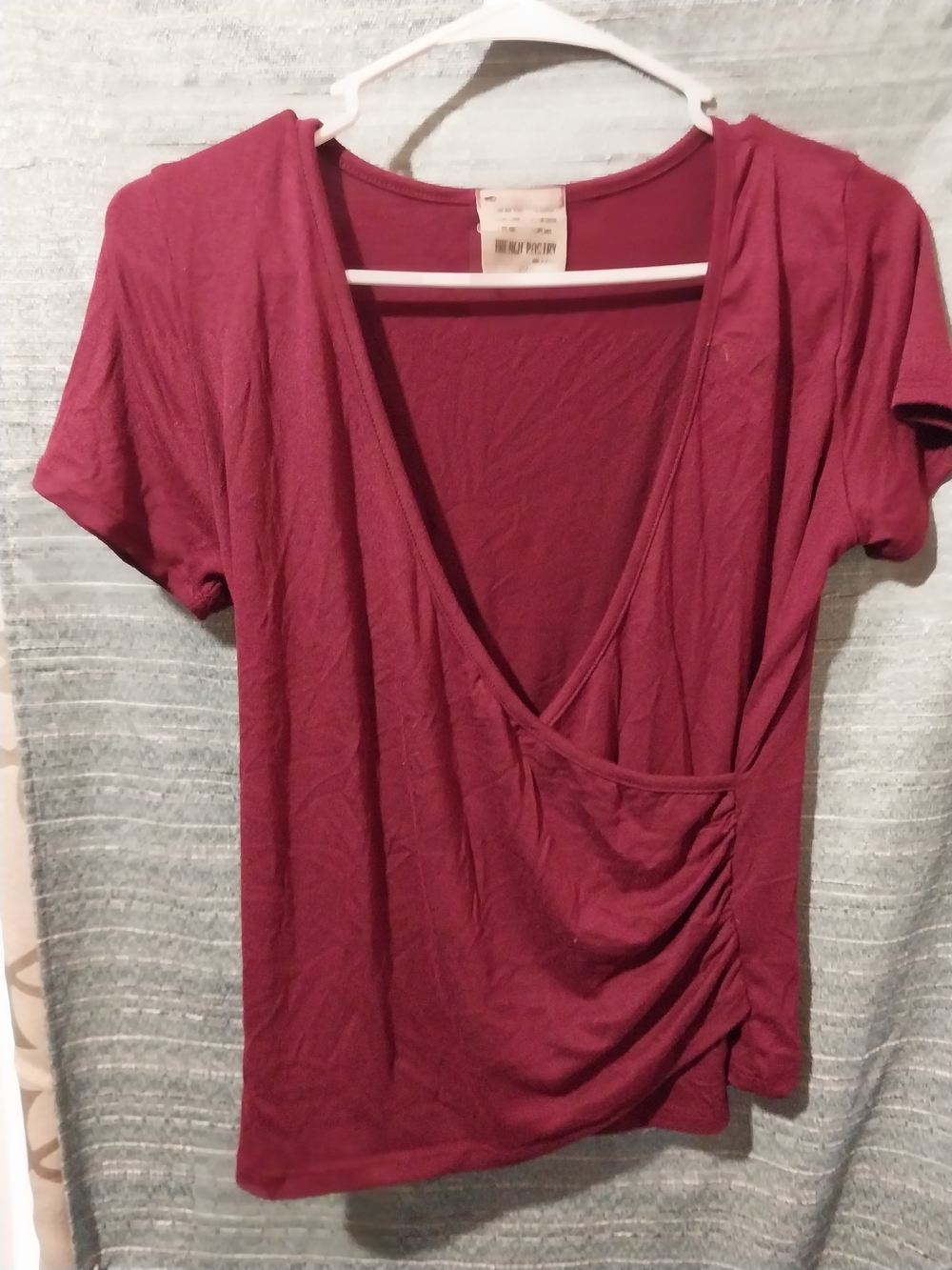 french pastry Deep V Ruched Side Short Sleeve Top - Wine